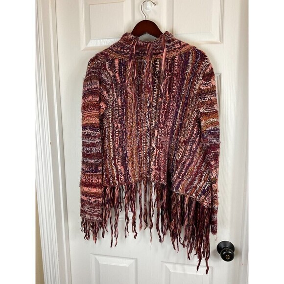 Free People Birkenstock Red Cardigan S Boho Chunky Fringe Wool Alpaca Sweater N3 - Picture 4 of 12